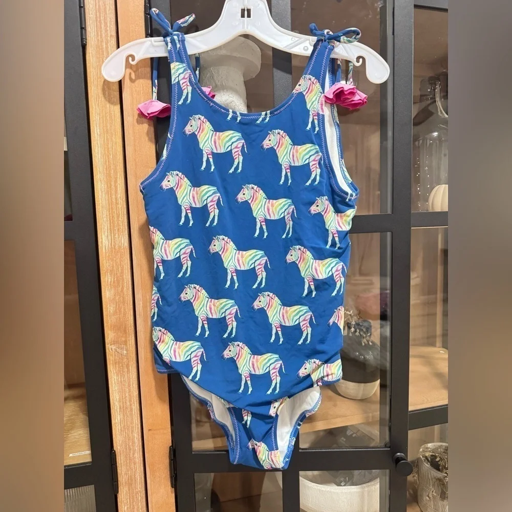 Hatley Rainbow Zebra One Piece Swimsuit tie Shoulder Bow scoop back girls